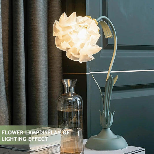 Green glass table lamp, flower table lamp, modern flower shape, metal top with glass lampshade, bedside table, desk lamp for bedroom, girl's room, living room, bedroom, office (green) - Image 2