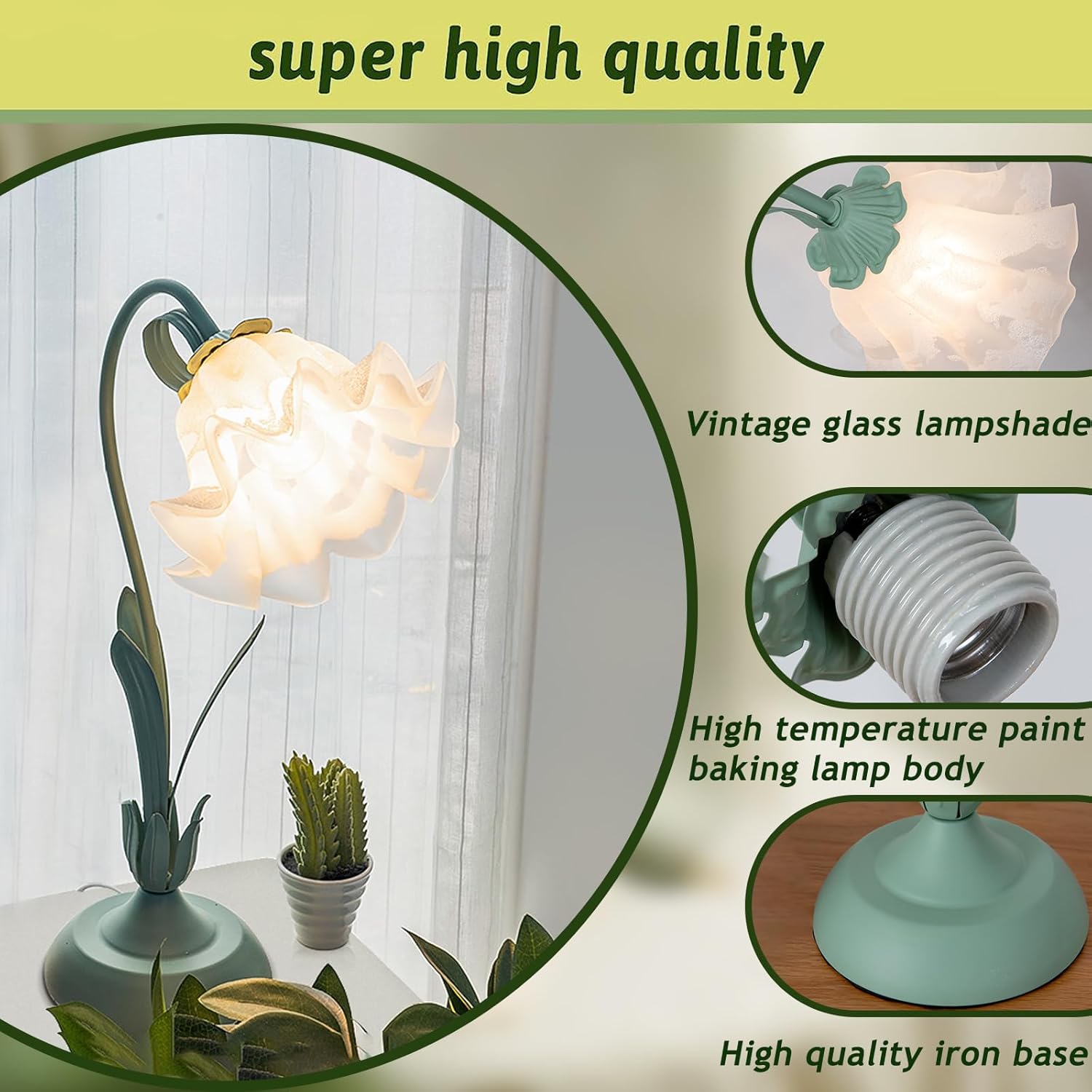 Green glass table lamp, flower table lamp, modern flower shape, metal top with glass lampshade, bedside table, desk lamp for bedroom, girl's room, living room, bedroom, office (green) - Image 4