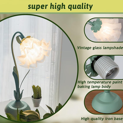 Green glass table lamp, flower table lamp, modern flower shape, metal top with glass lampshade, bedside table, desk lamp for bedroom, girl's room, living room, bedroom, office (green) - Image 4