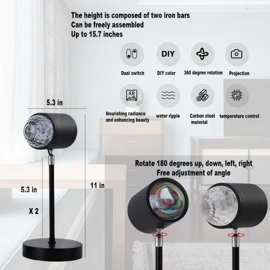 Water Ripple Lamp Sunset Lamp 2-in-1 3D Projector LED Light Sunset Ocean Light Project USB Powered Night Light 360° Rotation Button Control for Bedroom Photography Festive Atmosphere