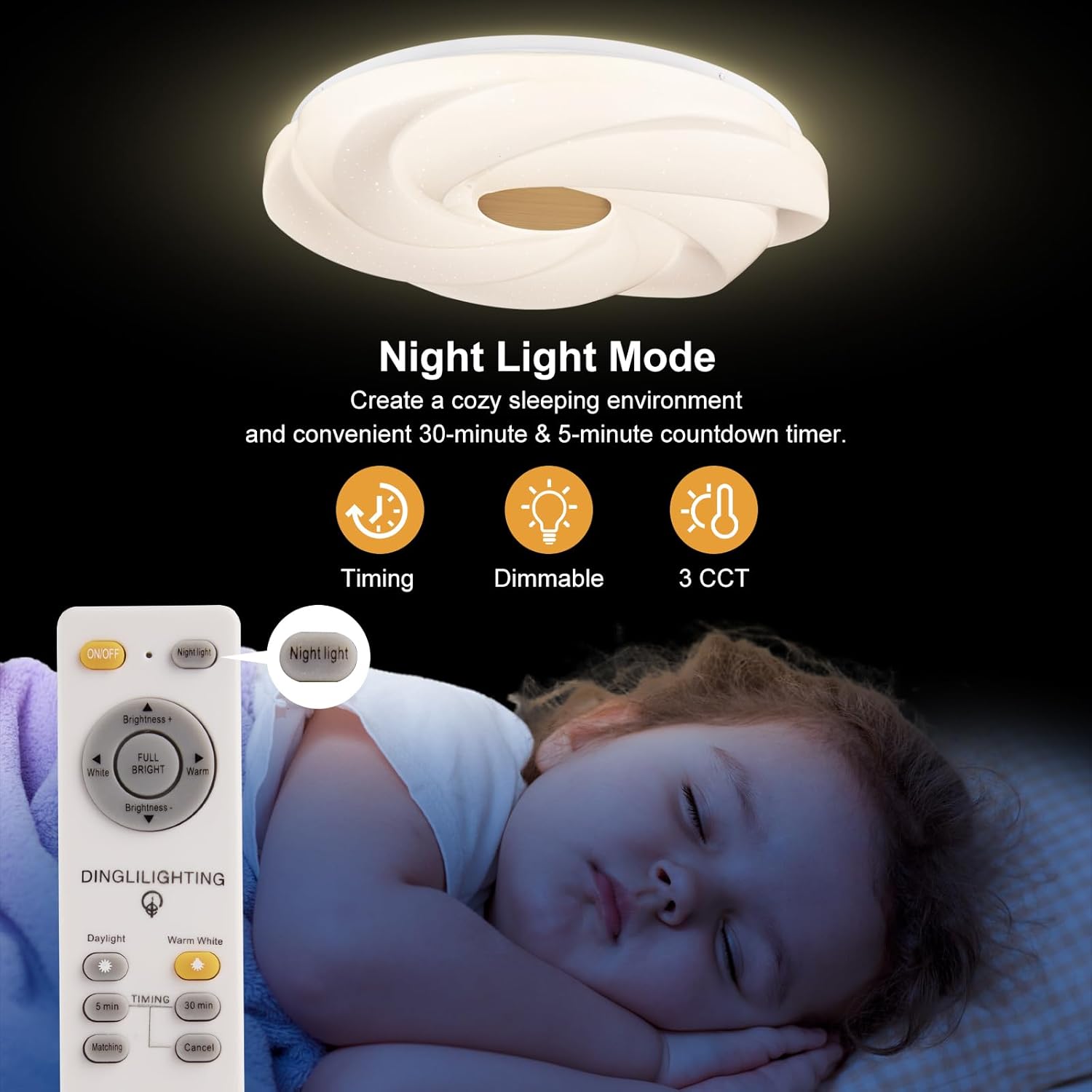 LED recessed ceiling light, 48W dimmable flower shape ceiling lamp, 14.8 inch 3 CCT, close to the ceiling, suitable for bedroom, hallway, living room, - Image 4