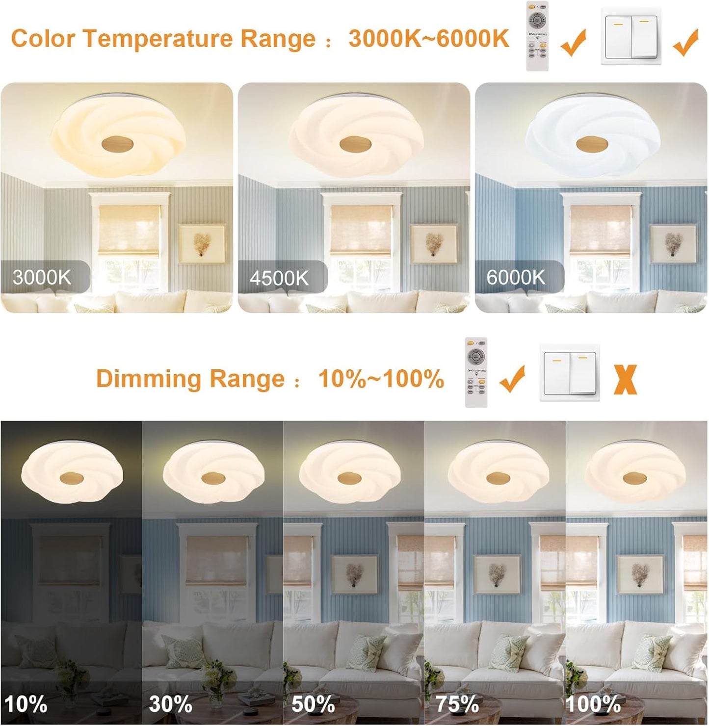 LED recessed ceiling light, 48W dimmable flower shape ceiling lamp, 14.8 inch 3 CCT, close to the ceiling, suitable for bedroom, hallway, living room, - Image 5