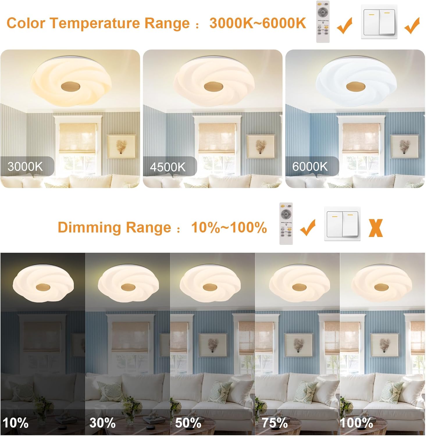 LED recessed ceiling light, 48W dimmable flower shape ceiling lamp, 14.8 inch 3 CCT, close to the ceiling, suitable for bedroom, hallway, living room, - Image 5