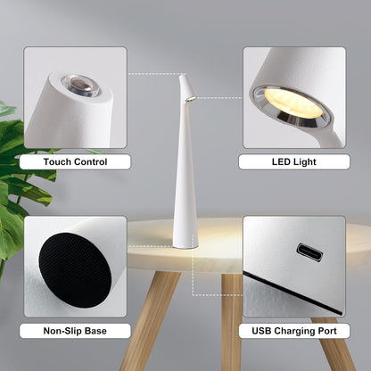 Portable LED Table Lamp with Touch Sensor, Metal Desk Lamp with 3 Brightness Levels, Rechargeable Night Light with 3 Colors Touch Control for Bedside and Dining Room (White) - Image 4