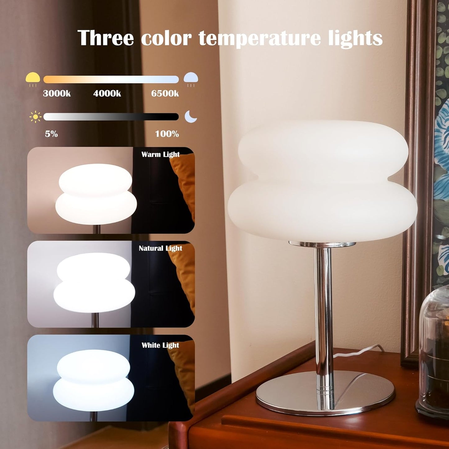 White mushroom lamp, mid-century modern bedside lamp, dimmable retro egg tart bedside lamps, atmospheric home lighting, cute bedroom and living room lamps (no glass) - Image 2