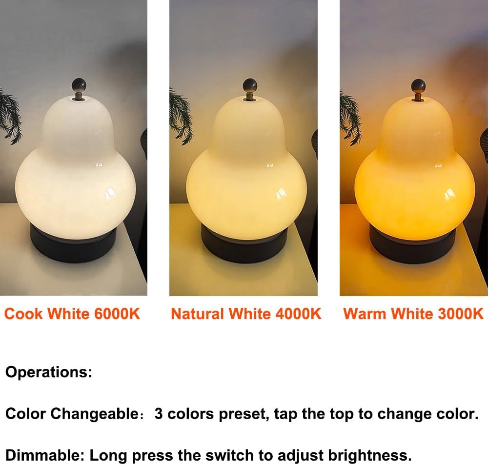 5W LED Portable Night Light, French Retro Milky Pear Shaped Gourd Table Lamp, Dimmable Color Changing Desk Lamp, Battery Operated and Rechargeable with USB Cable, Milky Yellow Table Lamp - Image 3