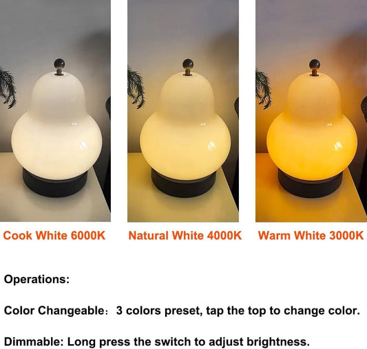 5W LED Portable Night Light, French Retro Milky Pear Shaped Gourd Table Lamp, Dimmable Color Changing Desk Lamp, Battery Operated and Rechargeable with USB Cable, Milky Yellow Table Lamp - Image 3