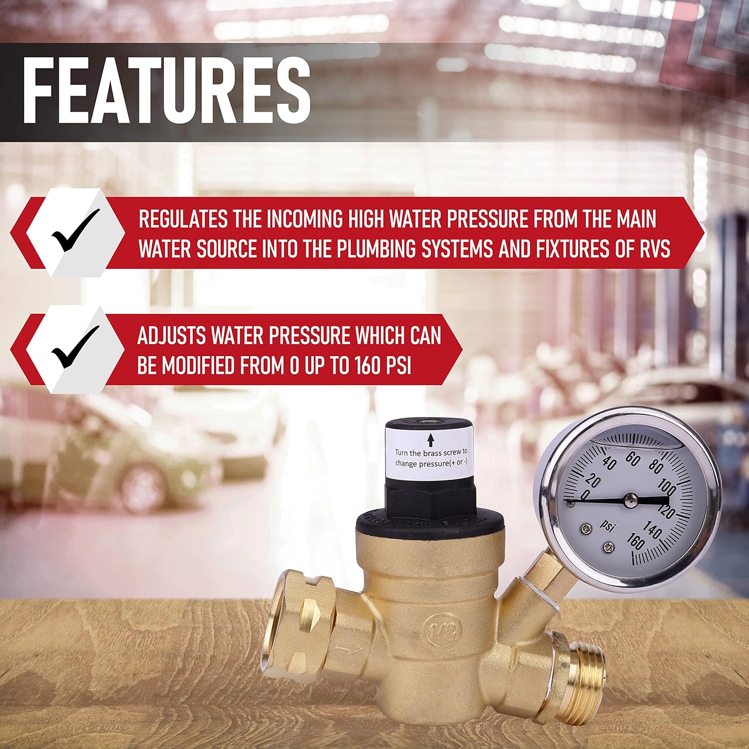 RV Water Pressure Regulator with Gauge Adjustable 3/4" Hose Valve - RV Water Pressure Regulator with Gauge - RV Camper Water Pressure Regulator, Trucks, Trailers - Trailer Water Pressure Gauge - Image 2
