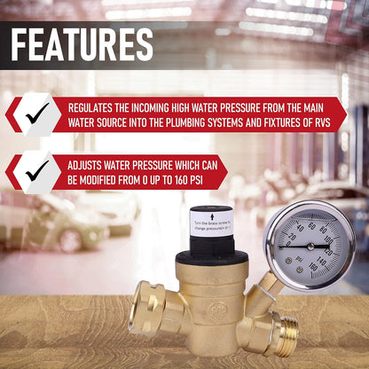 RV Water Pressure Regulator with Gauge Adjustable 3/4" Hose Valve - RV Water Pressure Regulator with Gauge - RV Camper Water Pressure Regulator, Trucks, Trailers - Trailer Water Pressure Gauge - Image 2