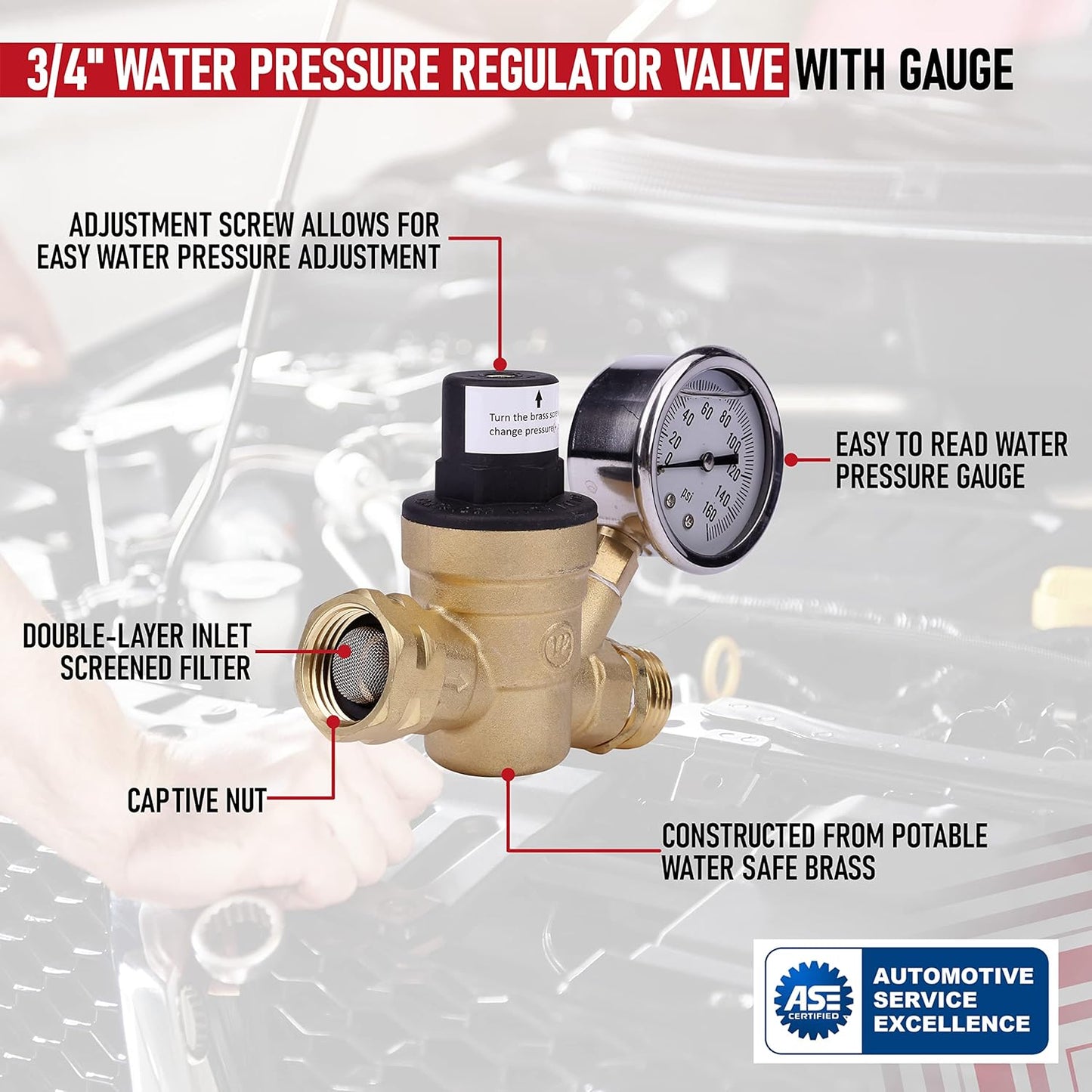 RV Water Pressure Regulator with Gauge Adjustable 3/4" Hose Valve - RV Water Pressure Regulator with Gauge - RV Camper Water Pressure Regulator, Trucks, Trailers - Trailer Water Pressure Gauge - Image 3