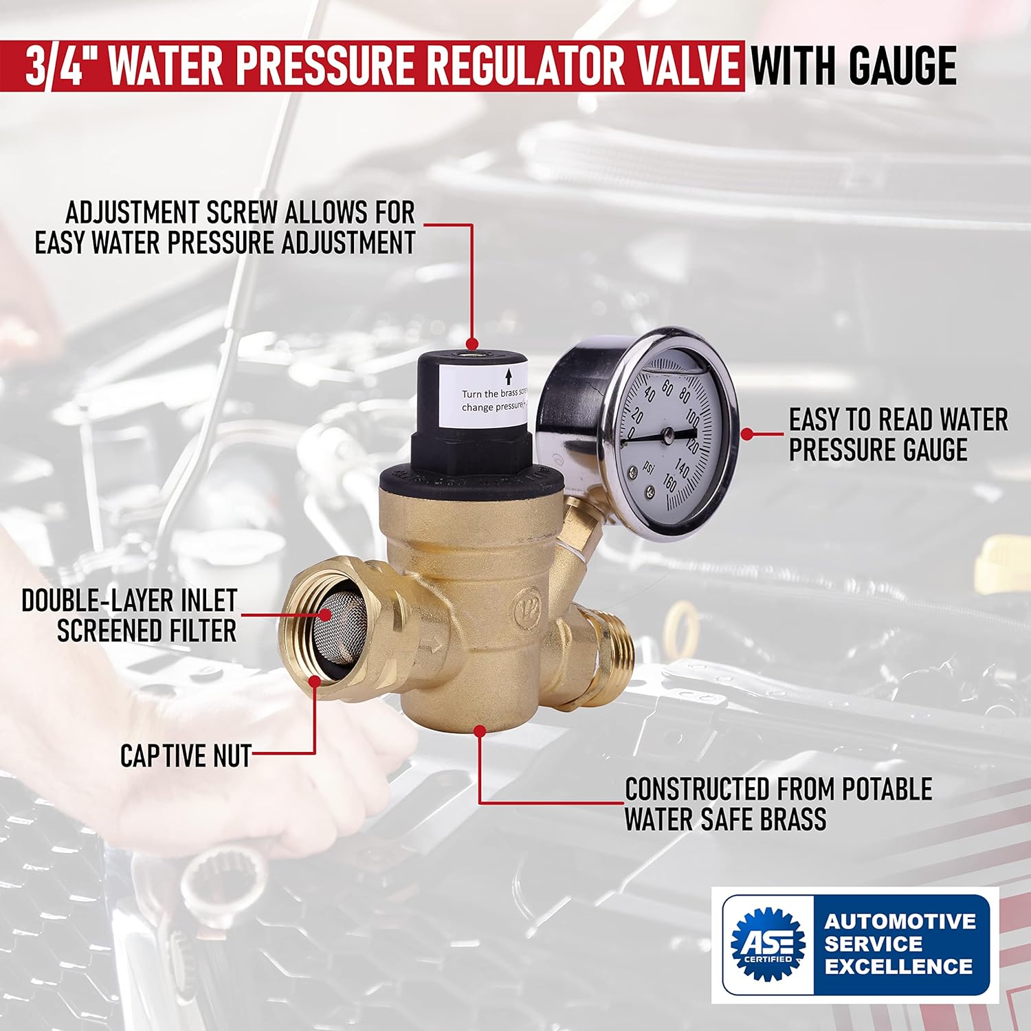 RV Water Pressure Regulator with Gauge Adjustable 3/4" Hose Valve - RV Water Pressure Regulator with Gauge - RV Camper Water Pressure Regulator, Trucks, Trailers - Trailer Water Pressure Gauge - Image 3