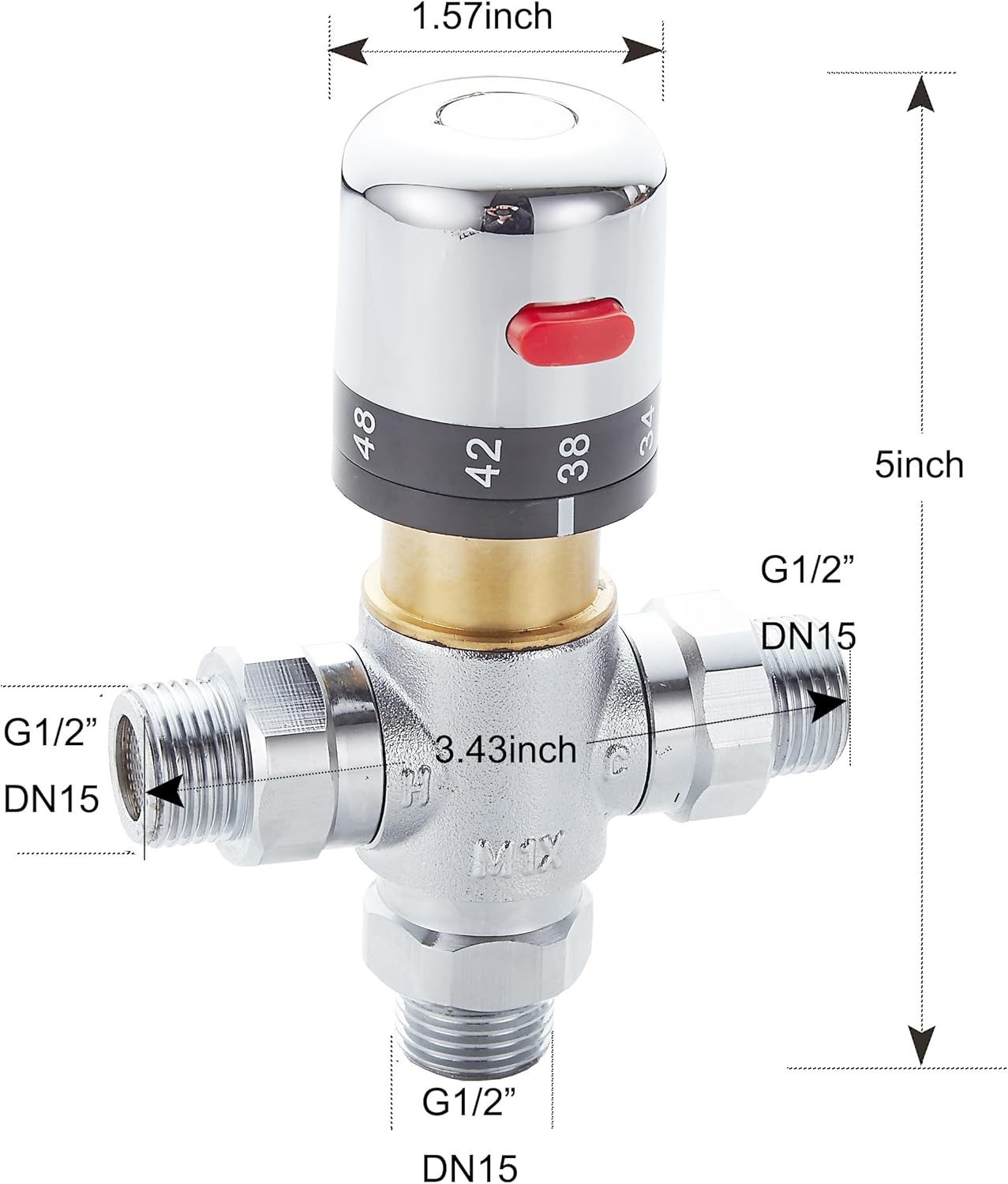 3-way thermostatic water mixer DN15, temperature control hot and cold, G1/2 NPS male connections, anti-scald temperature mixers for bathroom, under-sink taps, shower, bath, bidet (chrome) - Image 2