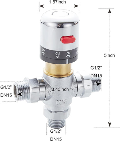 3-way thermostatic water mixer DN15, temperature control hot and cold, G1/2 NPS male connections, anti-scald temperature mixers for bathroom, under-sink taps, shower, bath, bidet (chrome) - Image 2