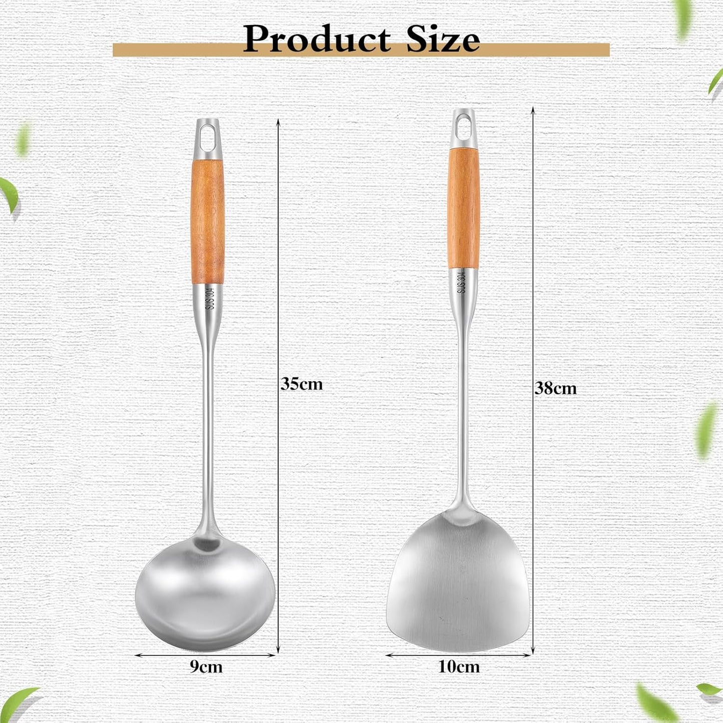 TsunNee 2PCS Stainless Steel Kitchen Utensil Set, 304 Stainless Steel Wok Spatula and Soup Ladle Set with Long Heat-Resistant Wooden Handle - Image 2