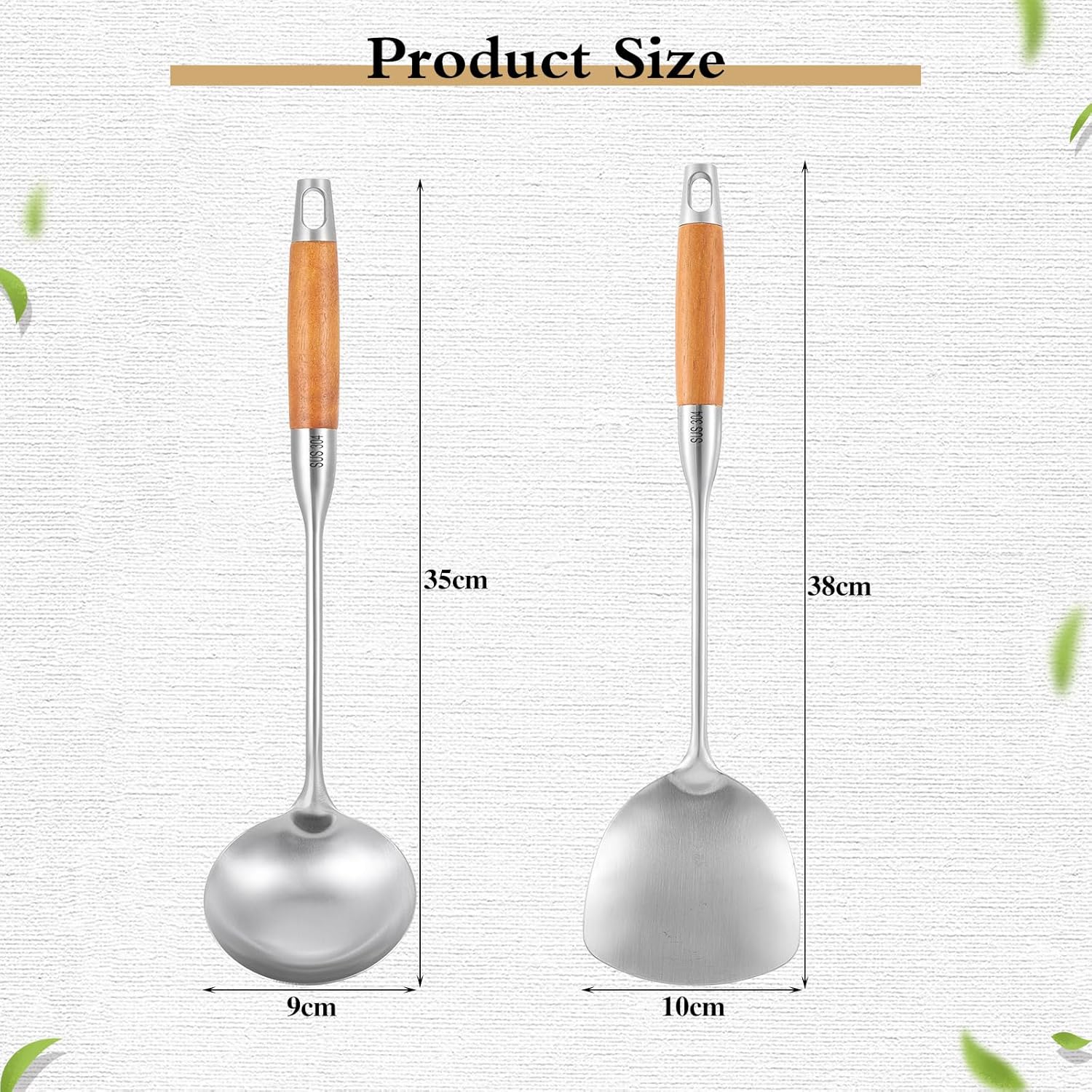 TsunNee 2PCS Stainless Steel Kitchen Utensil Set, 304 Stainless Steel Wok Spatula and Soup Ladle Set with Long Heat-Resistant Wooden Handle - Image 2