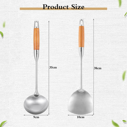 TsunNee 2PCS Stainless Steel Kitchen Utensil Set, 304 Stainless Steel Wok Spatula and Soup Ladle Set with Long Heat-Resistant Wooden Handle - Image 2