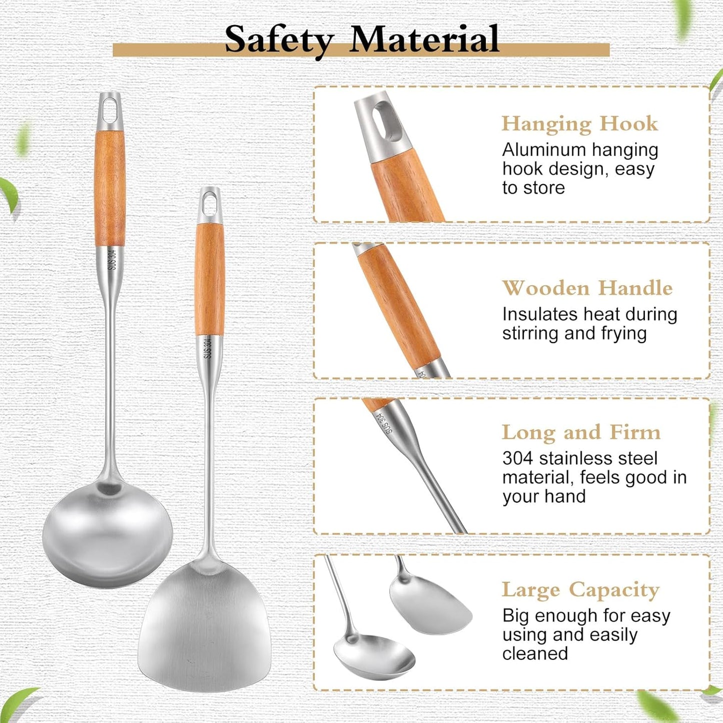 TsunNee 2PCS Stainless Steel Kitchen Utensil Set, 304 Stainless Steel Wok Spatula and Soup Ladle Set with Long Heat-Resistant Wooden Handle - Image 3