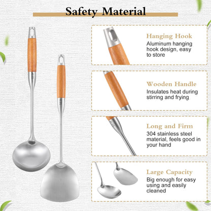 TsunNee 2PCS Stainless Steel Kitchen Utensil Set, 304 Stainless Steel Wok Spatula and Soup Ladle Set with Long Heat-Resistant Wooden Handle - Image 3
