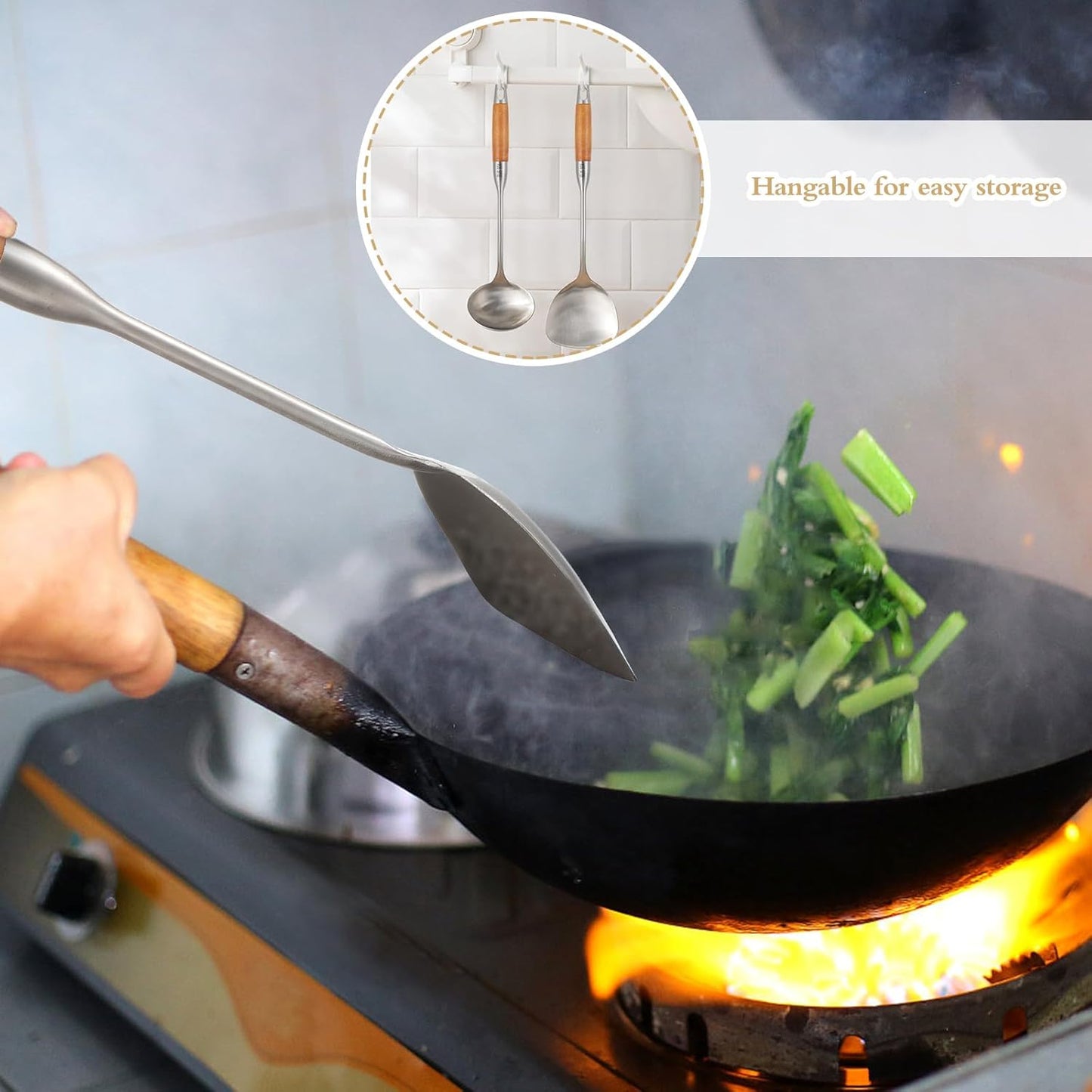 TsunNee 2PCS Stainless Steel Kitchen Utensil Set, 304 Stainless Steel Wok Spatula and Soup Ladle Set with Long Heat-Resistant Wooden Handle - Image 4
