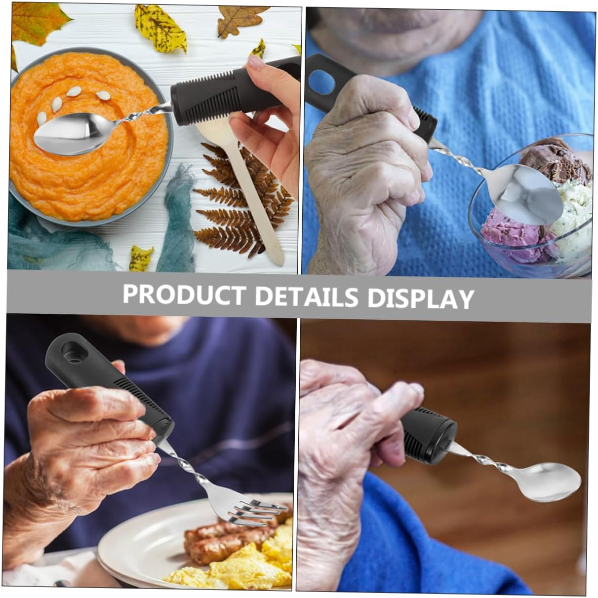 Gatuida 2 Sets Flexible Camping Utensils One-Handed Kitchen Gadgets Pan Disabled Tableware Non-Slip Tableware Adaptive Utensils Gadgets for Disabled Rubber Black - Image 5