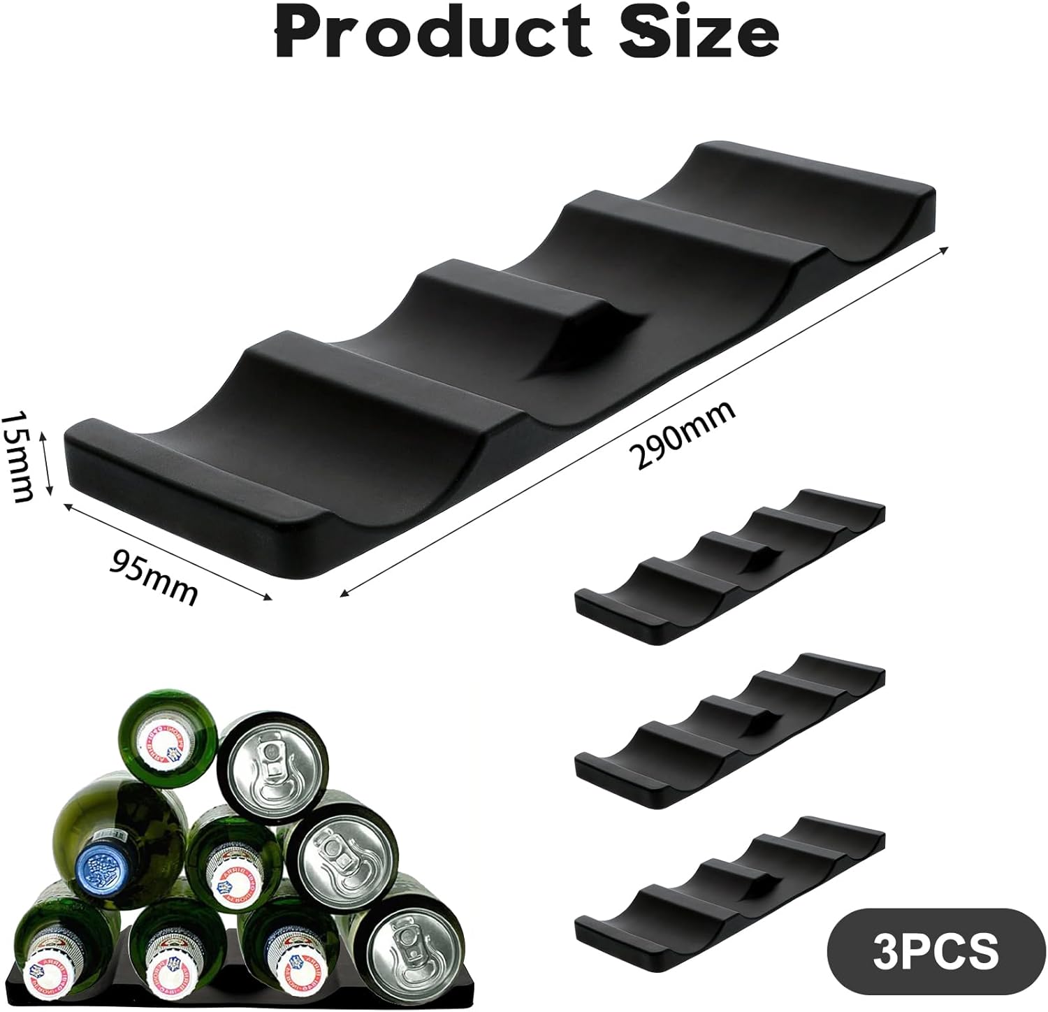 Forhandy 3 pcs bottle holders, refrigerator, non-slip, stackable, refrigerator, organizer, bottles, foldable for storing beer, drinks, mineral water (black) - Image 2