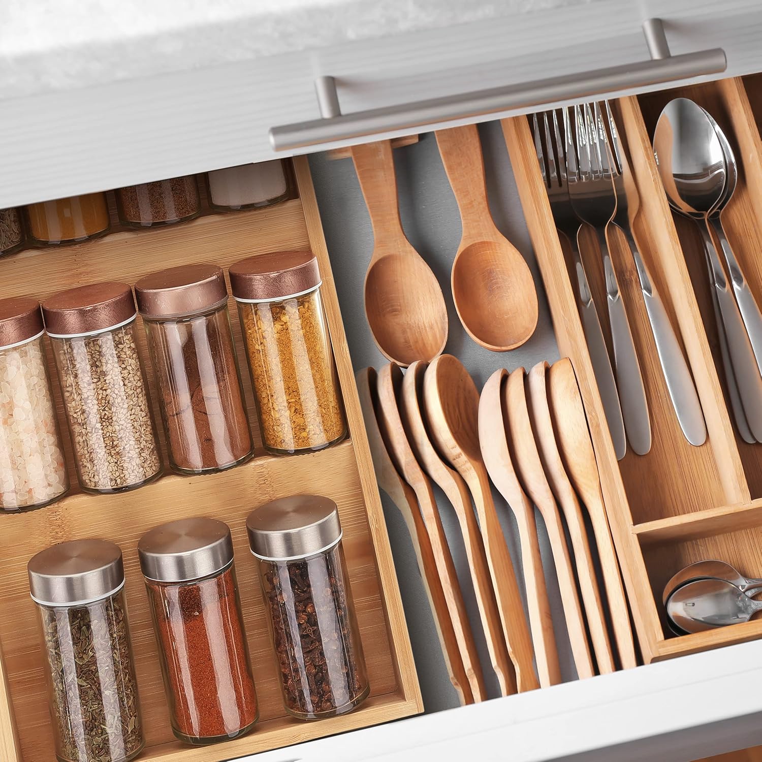 Relaxdays horizontal spice rack, 3 shelves, HBD: 5 x 20 x 38 cm, spice organizer for kitchen drawer, spice holder, natural - Image 2