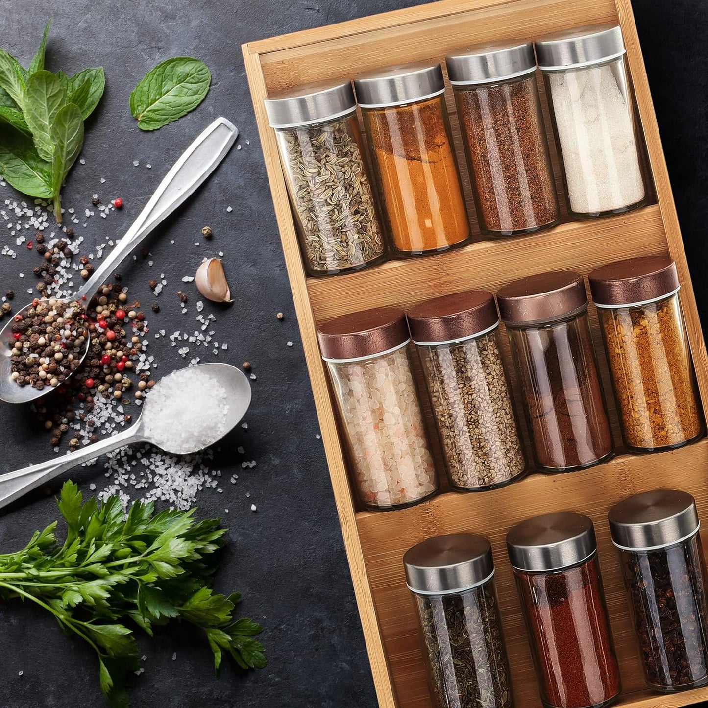 Relaxdays horizontal spice rack, 3 shelves, HBD: 5 x 20 x 38 cm, spice organizer for kitchen drawer, spice holder, natural - Image 5