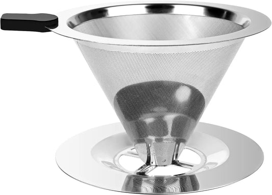 Reusable Stainless Steel Pour Over Coffee Filter with Fine Mesh, Paper-Free Cone Dripper for Manual Brewing at Home or Office