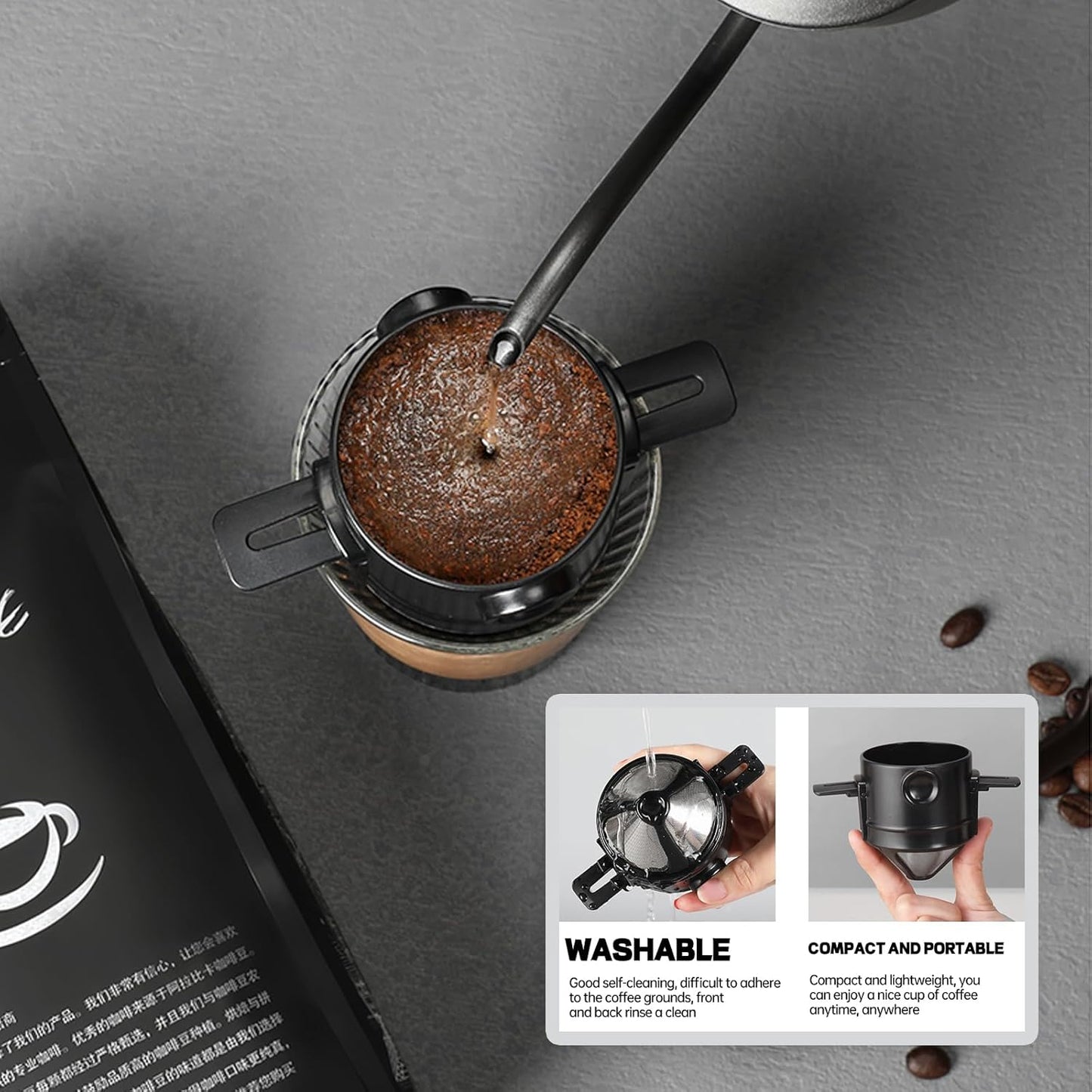 Coffee Filter - Reusable Cone for Drip Coffee - Stainless Steel - Includes Glass Jug - Image 3