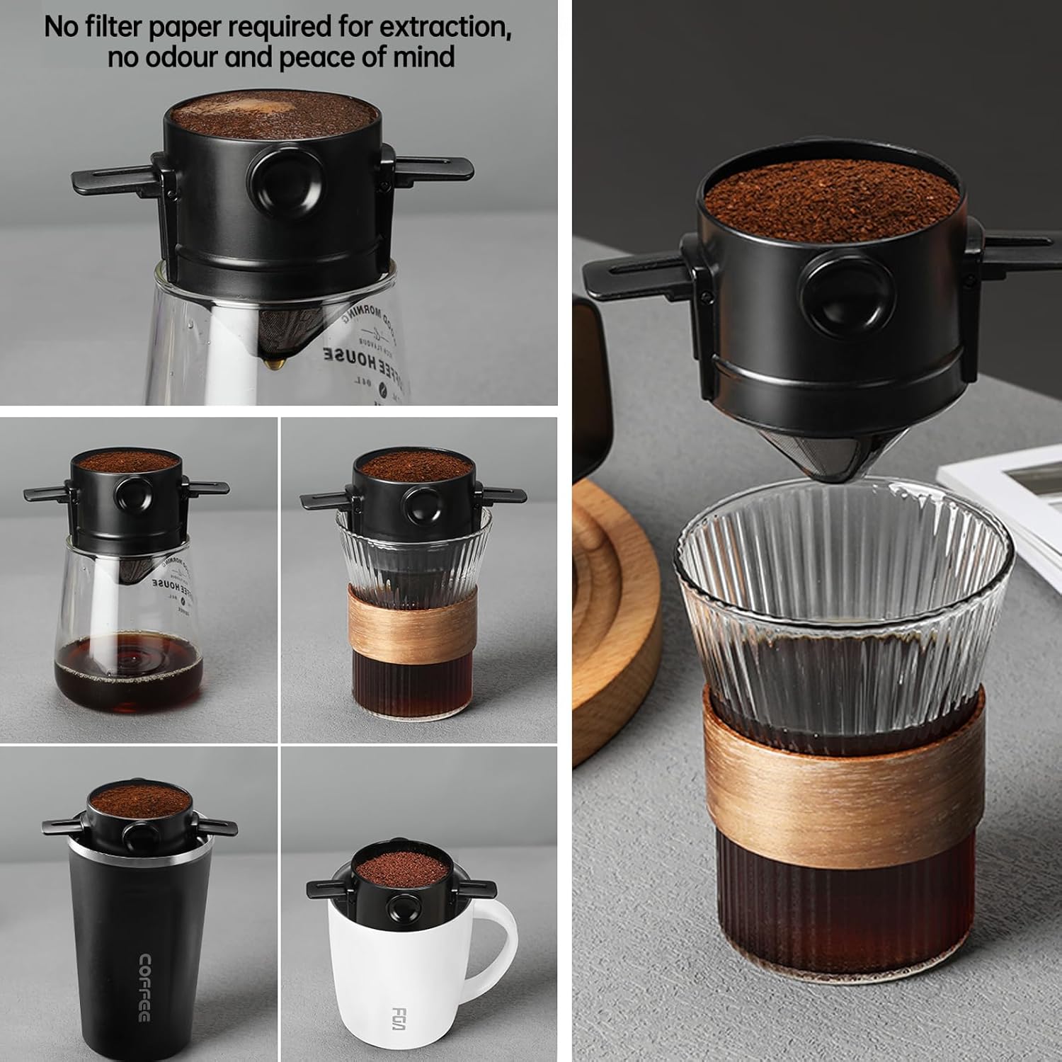 Coffee Filter - Reusable Cone for Drip Coffee - Stainless Steel - Includes Glass Jug - Image 4