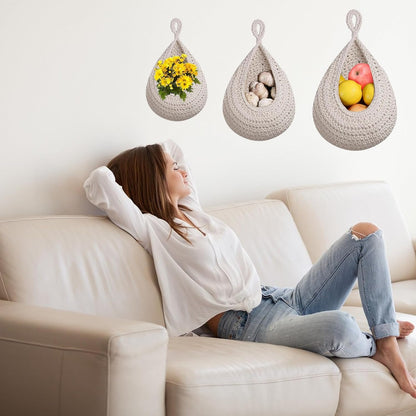 Hanging Storage Baskets - Set of 3 - For Kitchen and Bathroom - With Jute Design - Image 3