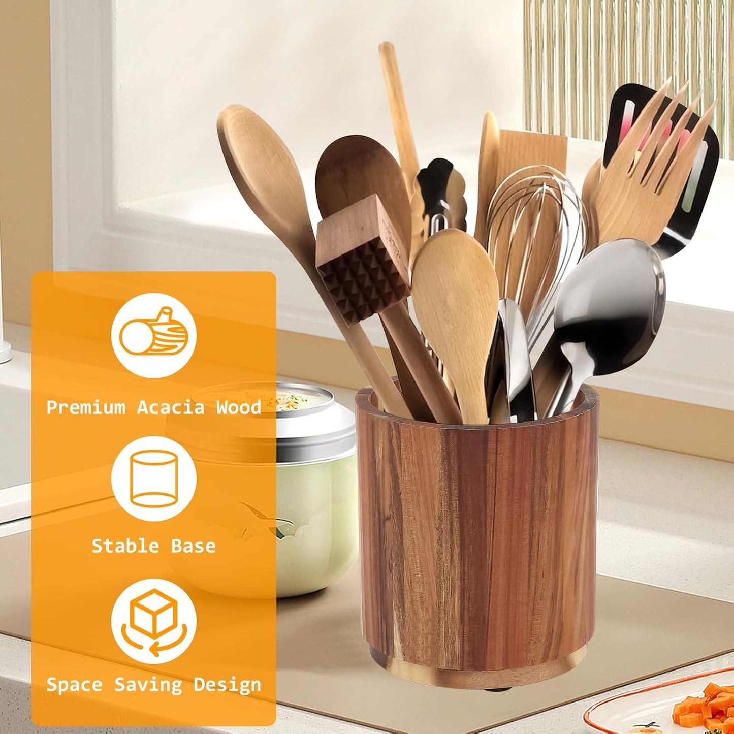 Kitchen Utensil Holder - Acacia Wood with 360 Degree Rotatable - Suitable for 15-20 Pieces - With Non-Slip Bottom - Round Organizer - Image 2
