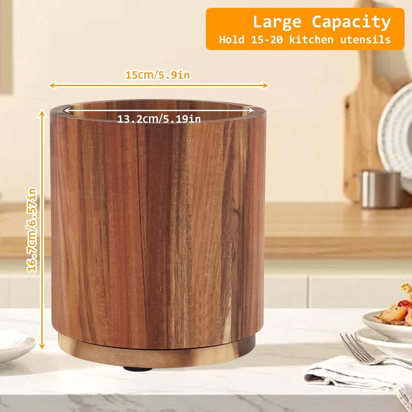 Kitchen Utensil Holder - Acacia Wood with 360 Degree Rotatable - Suitable for 15-20 Pieces - With Non-Slip Bottom - Round Organizer - Image 3