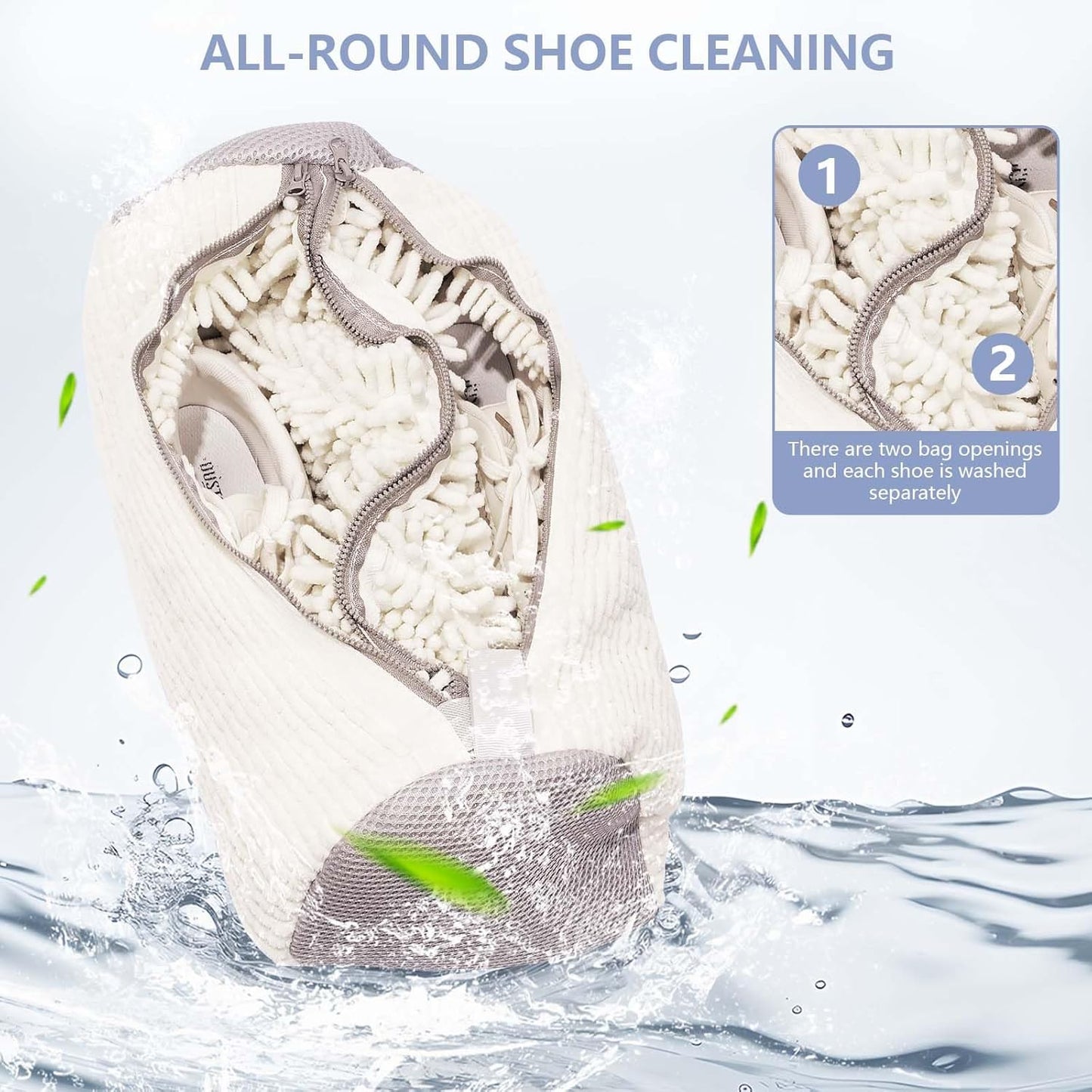 Shoe Wash Bag - Double Pocket with Concealed Zipper - For Machine Washing - 360 Degree Cleaning - White Color - Image 4
