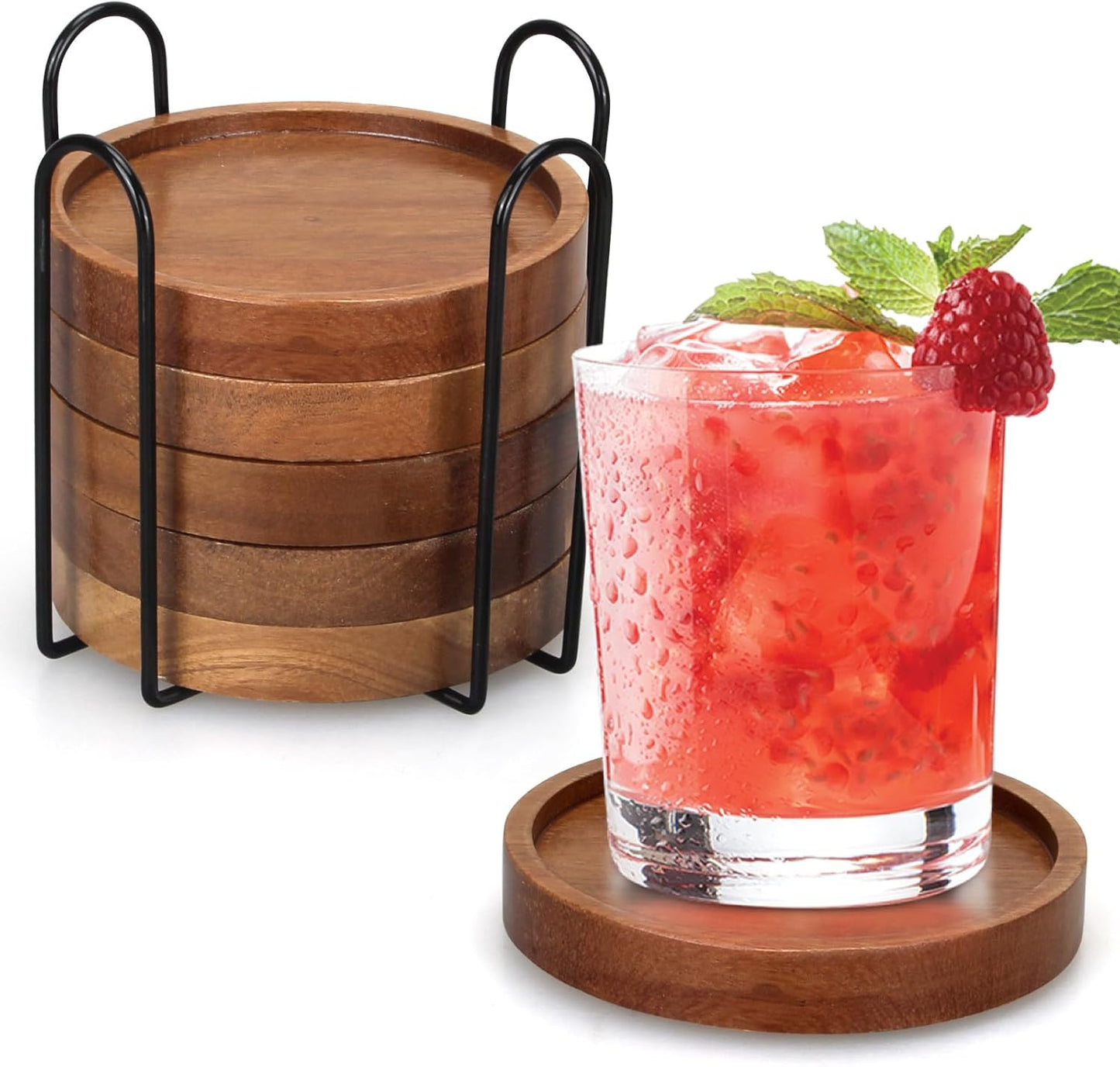 6 Pieces Best Wooden Coasters with Holder, Coffee Table Decor, Acacia Wood Coaster Set, Modern Drink Coaster, Dining Table, Kitchen Accessories, Cute Beer Bar, Decorative Rustic Coasters for Outdoors - Image 2