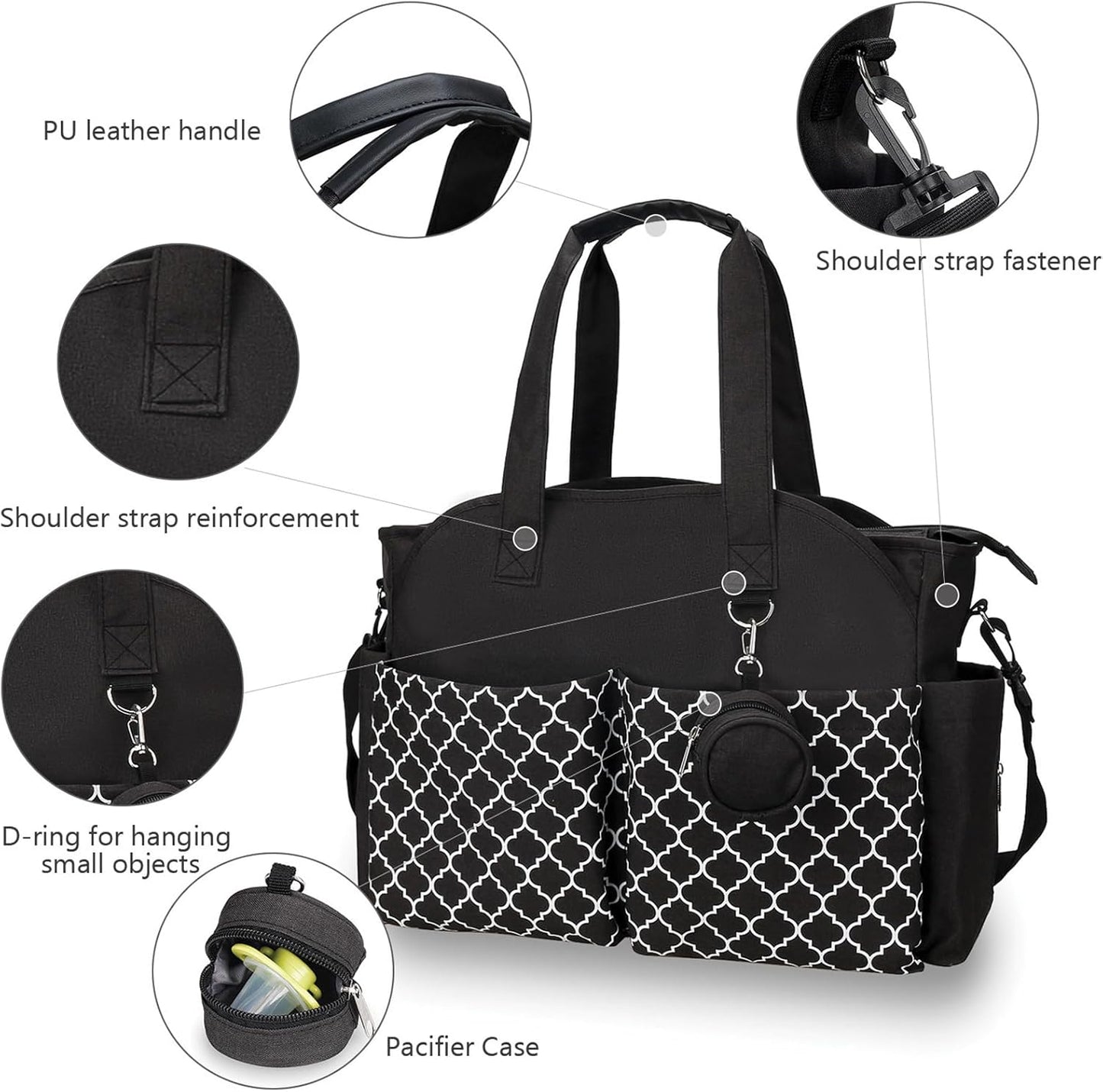 Baby Storage Bag - Multifunctional Diaper Bag with 13 Compartments - Including Special Pacifier Pocket - Large Capacity for All Baby Needs - Black - Image 4