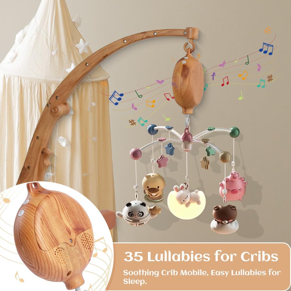 Baby Mobile - With Music Box and 35 Melodies - Wooden Design - For Baby Bed and Crib - White and Natural Colors - Image 3