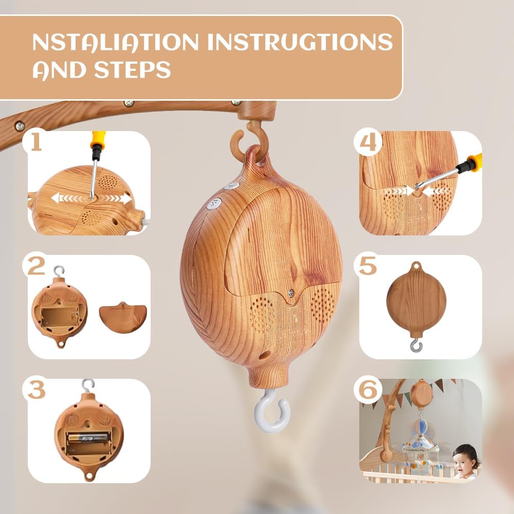 Baby Mobile - With Music Box and 35 Melodies - Wooden Design - For Baby Bed and Crib - White and Natural Colors - Image 4