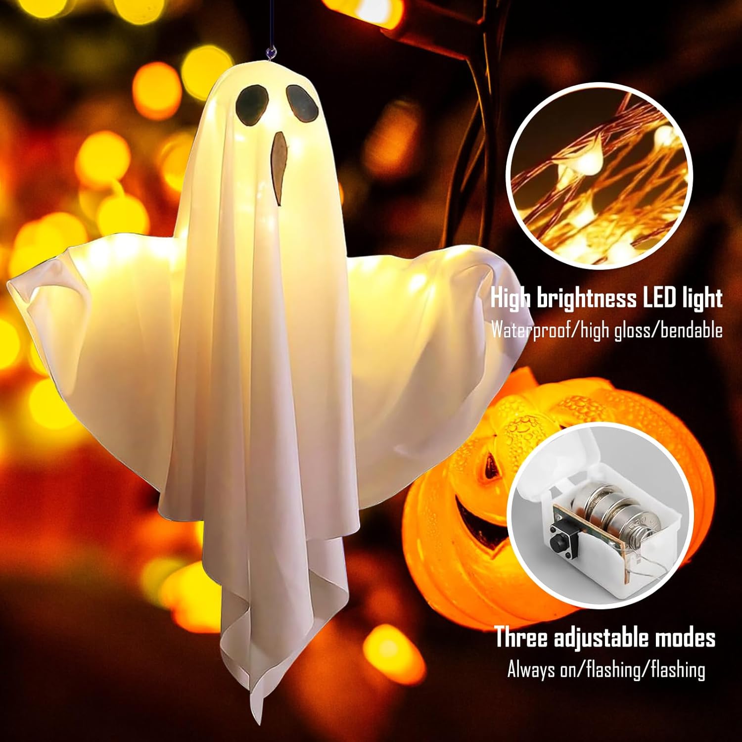 Halloween Decoration - 2 Pieces Hanging Ghosts - With LED Lighting - For Outdoors and Gardens - Spooky Party Atmosphere - Image 3