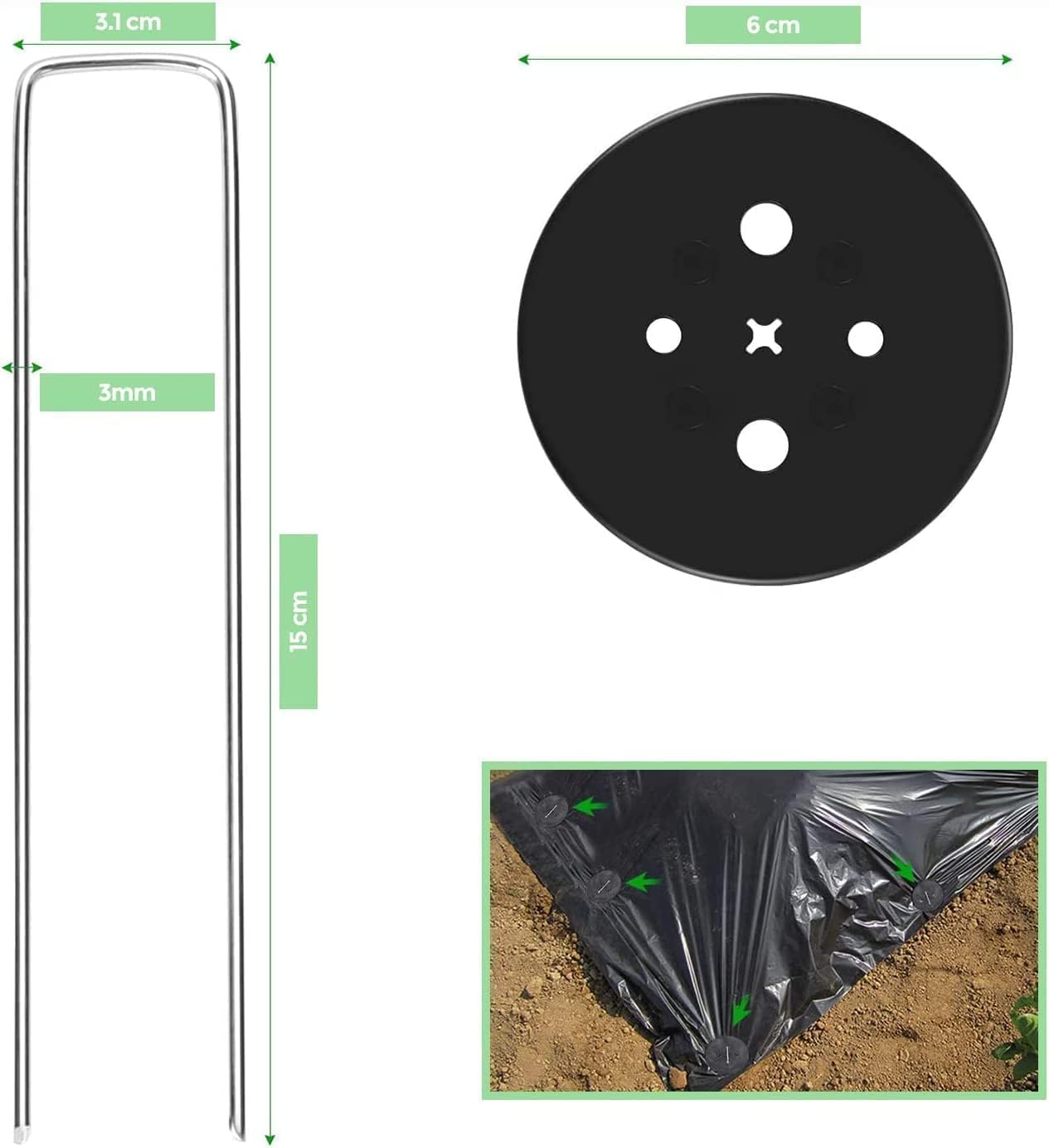 Weed Foil Spikes - U-shaped Ground Pegs - Garden - Artificial Grass - Ground Pegs, Tent, Heavy Metal - 100 pieces + 16 Buffer Rings - Image 2