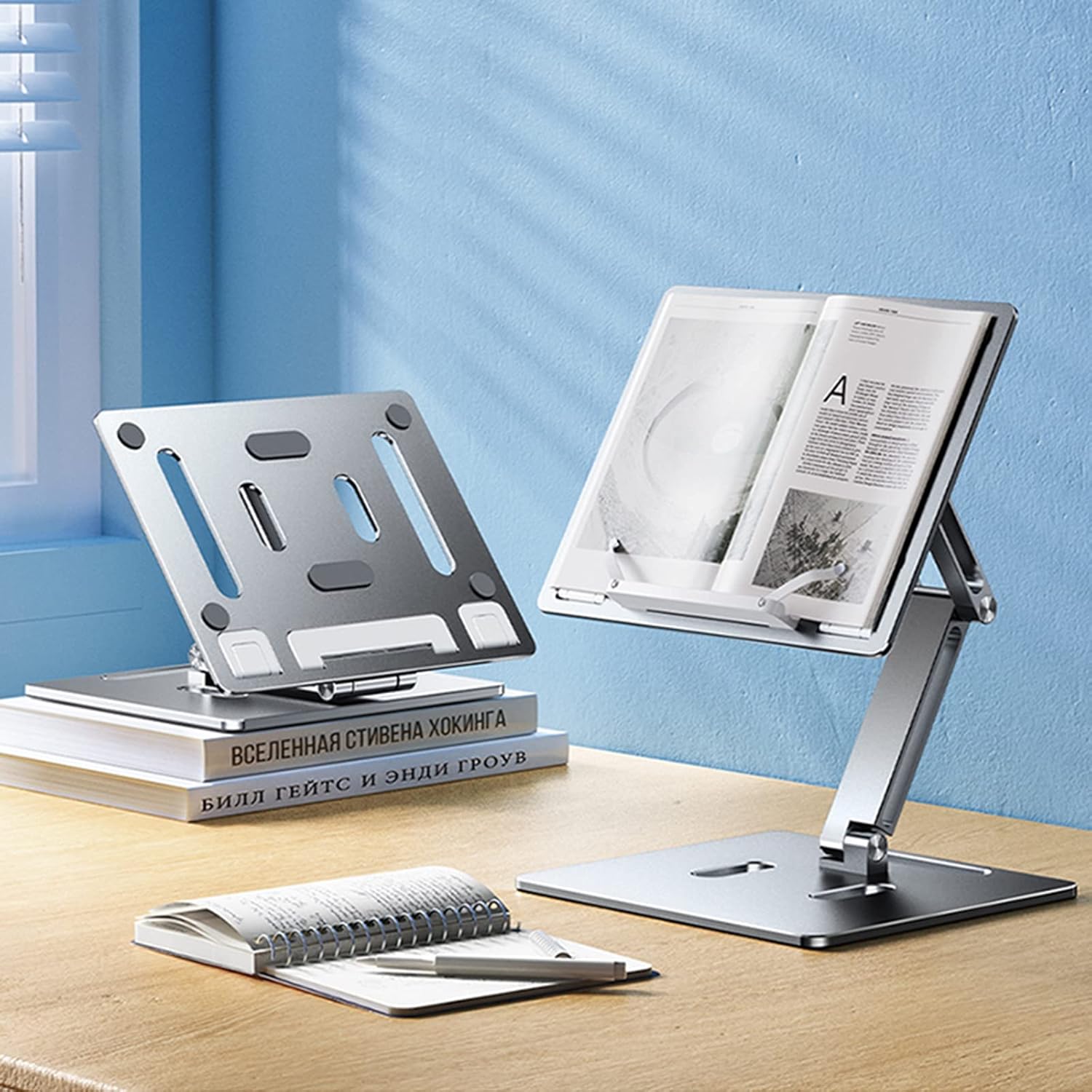 Computer Stand - Adjustable Lift Stand - Suitable for laptop, tablet, textbooks, cookbooks and magazines - Cooling vents - Metal - Silver - Image 3
