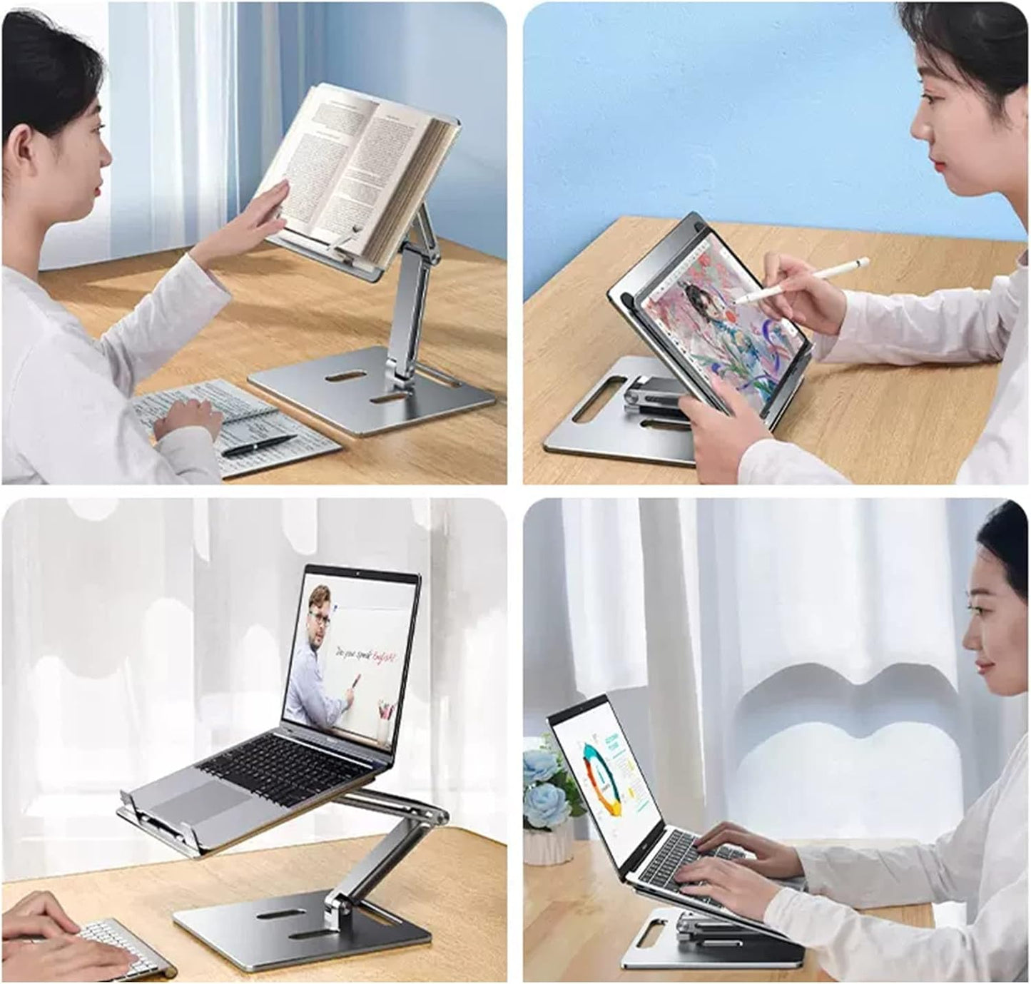 Computer Stand - Adjustable Lift Stand - Suitable for laptop, tablet, textbooks, cookbooks and magazines - Cooling vents - Metal - Silver - Image 4