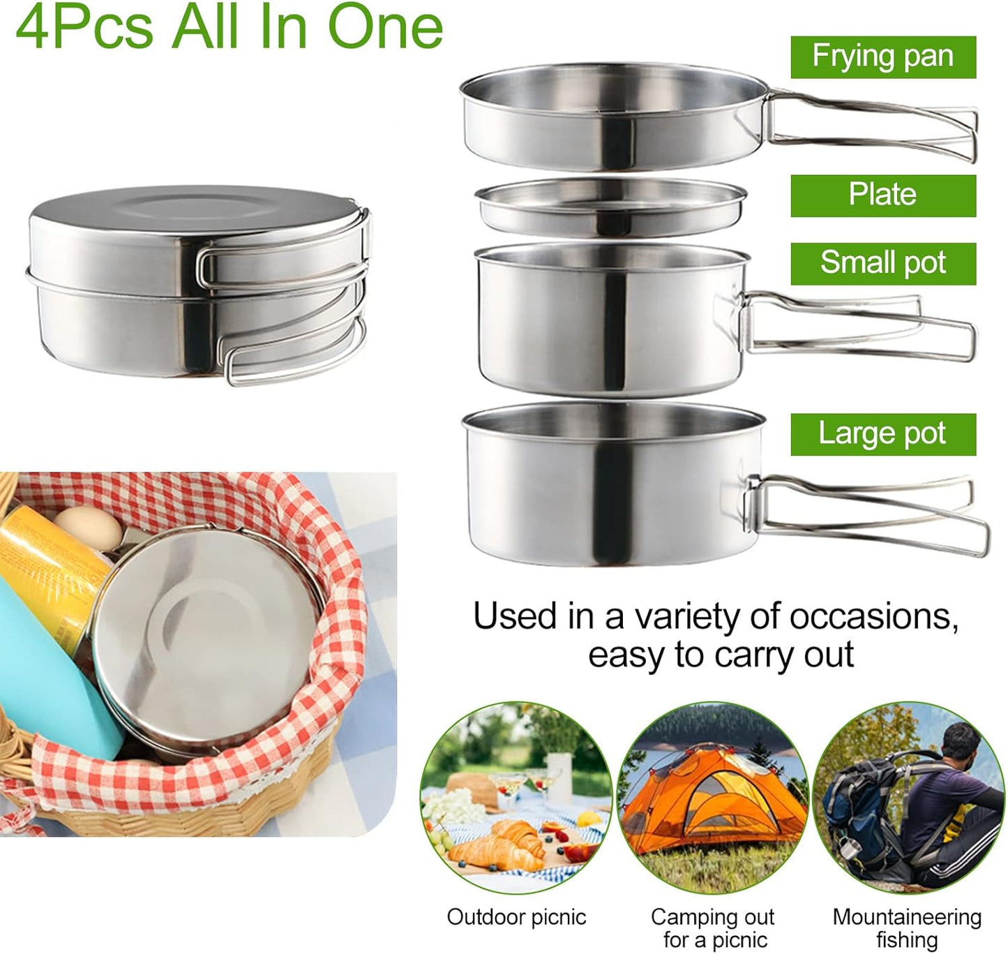 Camping Cookware Set - Multifunctional Portable Stainless Steel Cookware Set - Suitable for 2-3 People - Outdoor Picnic - Set of 4 - Image 2