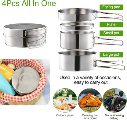 Camping Cookware Set - Multifunctional Portable Stainless Steel Cookware Set - Suitable for 2-3 People - Outdoor Picnic - Set of 4 - Image 2