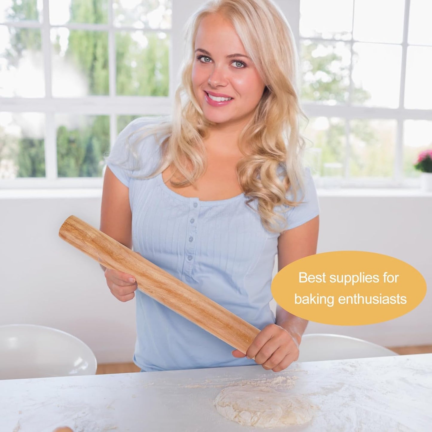 Rolling Pin - Beech Wood - Smooth Non-Stick Coating - Suitable for Baking Dough, Fudge, Pizza, Cookies, Bread - Professional Handleless - 30x2.7cm - Image 5
