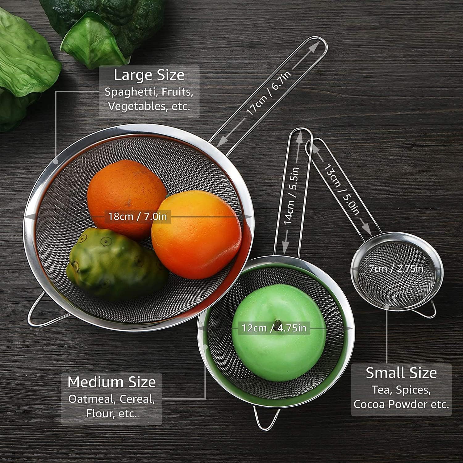 Strainers - Marine Grade Stainless Steel - Fine Mesh - Heat Resistant - No Sharp Edges - Corrosion Resistant - Pack of 3 (8cm, 12cm & 18cm) - Image 3