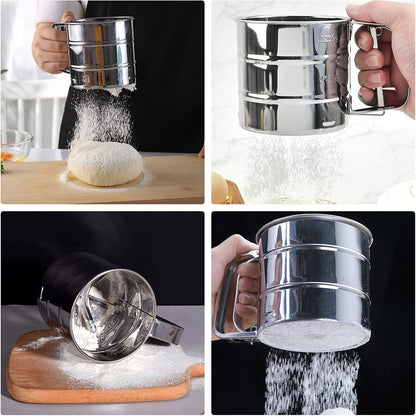 Flour Sieve - Stainless Steel Hand Flour Sieve - Manual Flour Press Cup for Home Kitchens - Large Baking Sieve Cup - For Icing Cake Flour - Silver - Image 2