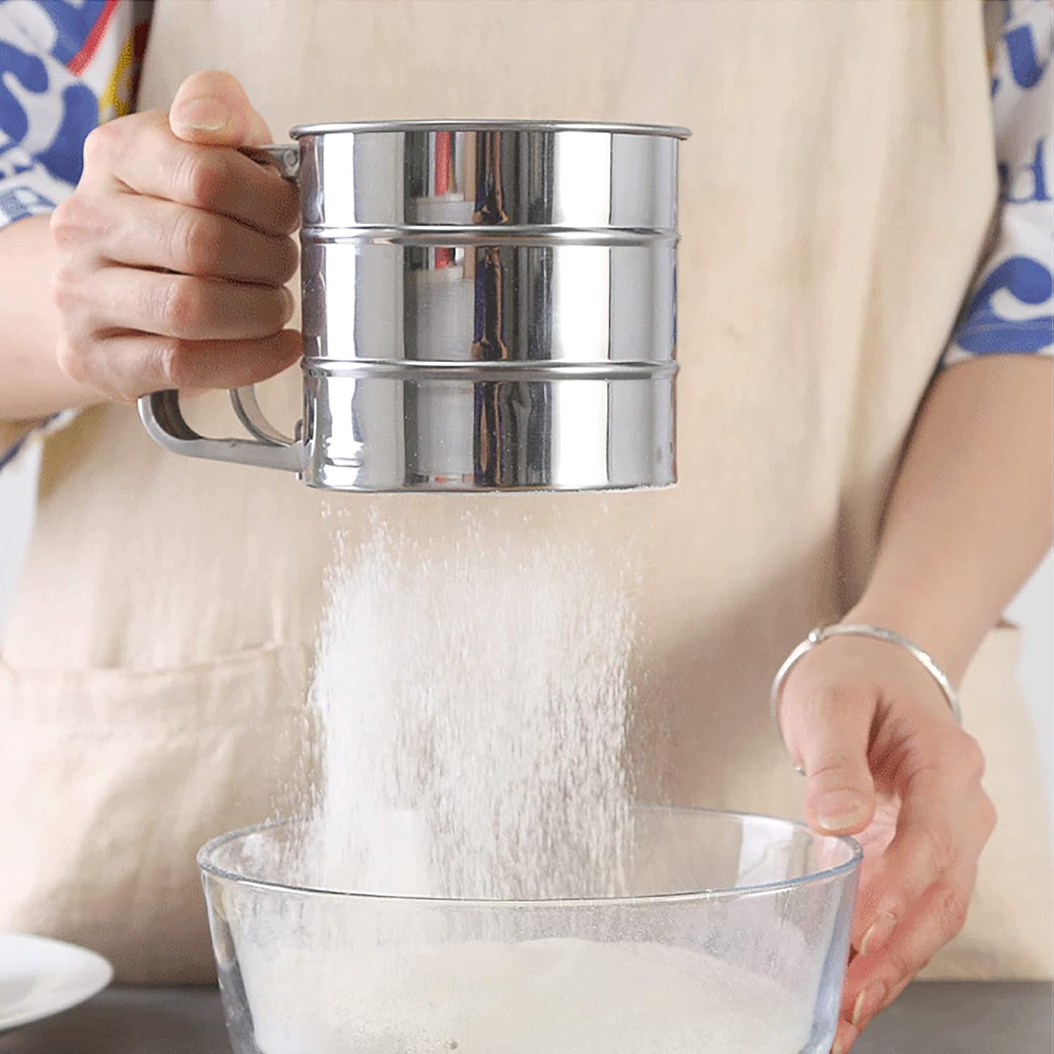 Flour Sieve - Stainless Steel Hand Flour Sieve - Manual Flour Press Cup for Home Kitchens - Large Baking Sieve Cup - For Icing Cake Flour - Silver - Image 3