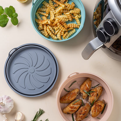 Airfryer silicone baking molds - reusable airfryer basket - baking tray - multifunctional round baking tray - microwave and oven safe - pink + gray + blue - 3 pieces - Image 3