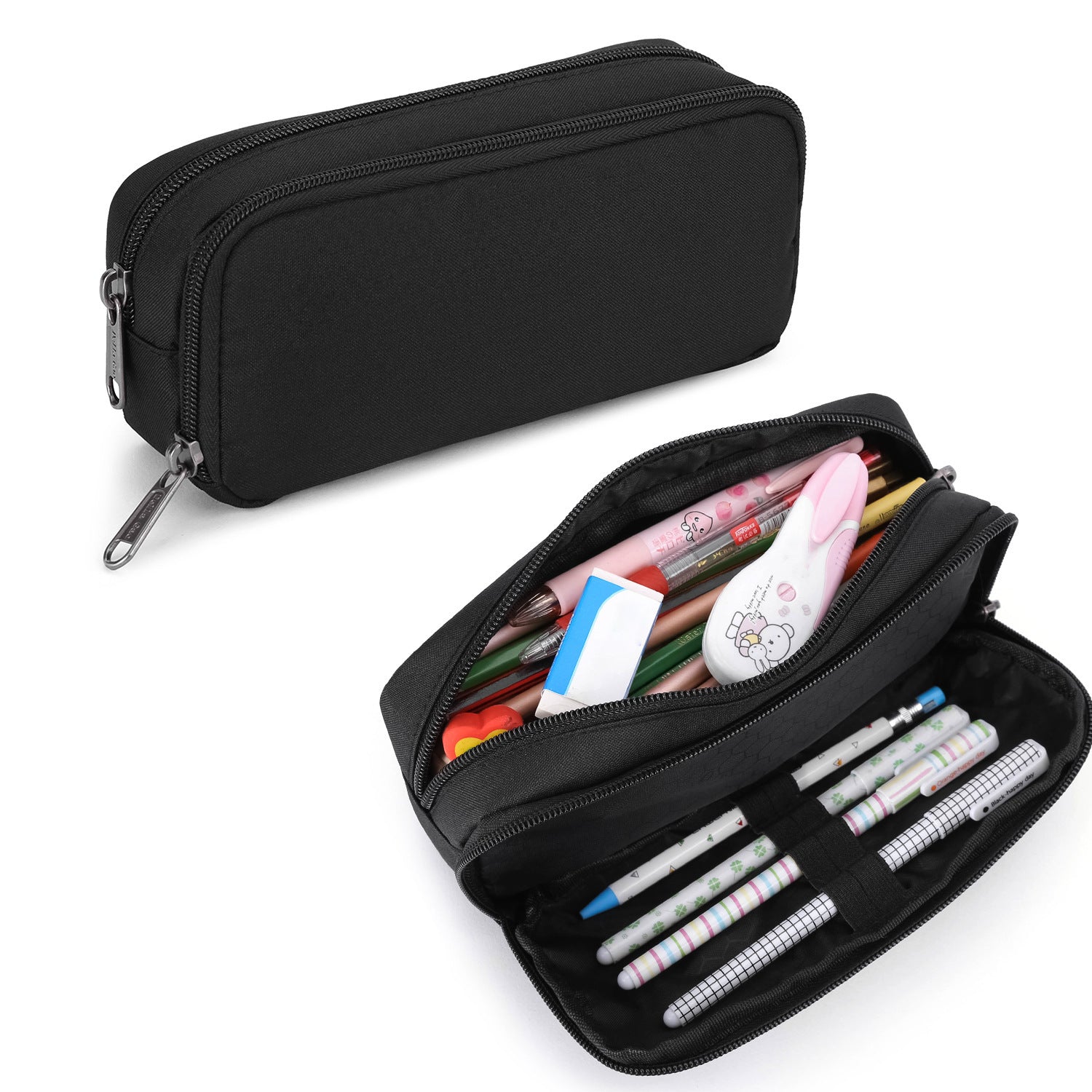 Pencil Case - Stationery Pencil Case - Large Capacity Zipper Pocket - Large Capacity Storage Pencil Case - Suitable for School, University, Office Supplies - 1 Piece - Black - Image 2